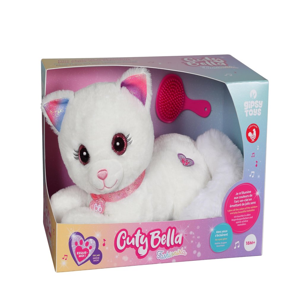 Gipsy Toys Cuty Bella Fashionista - Interactive Cat Soft Toy - Light Up to The Rhythm of Pretty Melodies - 30 cm - White Pink