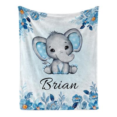Manerly Personalized Baby Blanket for Girls Boys, Custom Baby Blanket with Name, Customized Name Gift Elephant Throw Blanket for Kids Nursery New Mom Baby Shower Birthday Christmas, 50"x60"
