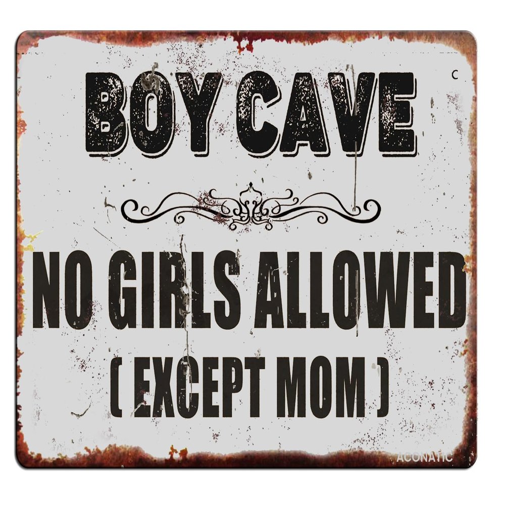 ACONATIC Home Kitchen Bathroom Sign,Baby Boy Room Sign,Kids Room Decor "Boy Cave No Girls Allowed" 16"X12" Aluminum Metal Sign