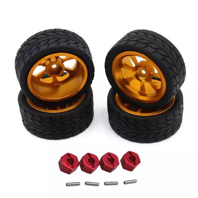 4 Packs 65mm Rubber Tire Metal Wheel Rim 12mm Hex Adapter RC Car Upgrade Parts, High Grip, Compatible with Hyper Go MJX 1/14 14301 14302 RC Car (Gold)