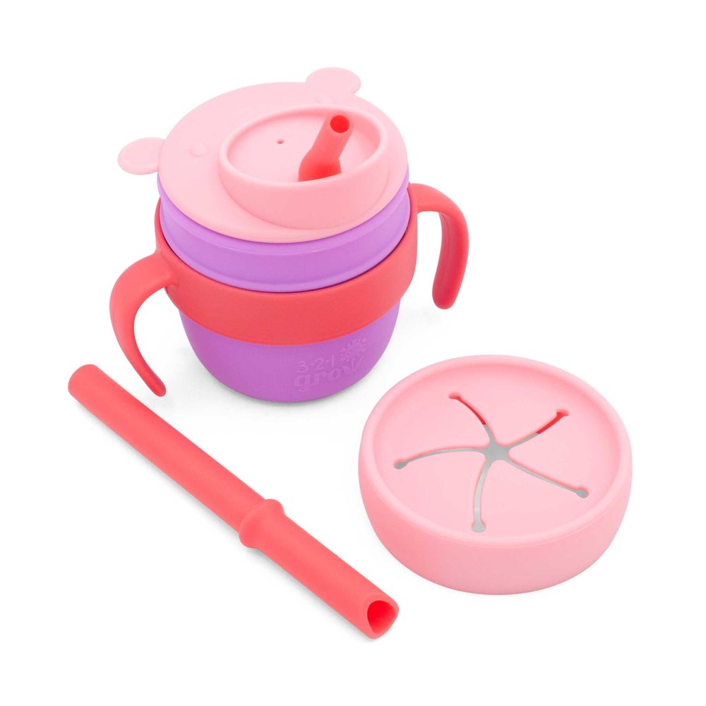 321 Grow Easy Learn Drink and Snack Set Baby + Toddler Silicone Learning Cup & Snack Set, Training Cup for Straw and Open Cup Independence Dishwasher Safe (Plum)