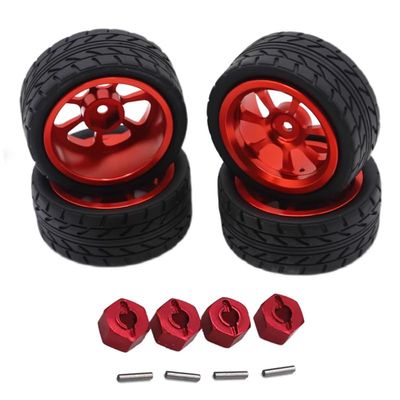 4 Packs 65mm Rubber Tire Metal Wheel Rim 12mm Hex Adapter RC Car Upgrade Parts, High Grip, Compatible with Hyper Go MJX 1/14 14301 14302 RC Car (Red)