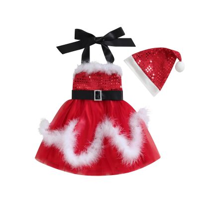 Ayalinggo Toddler Baby Girl Christmas Outfit Halter Dress Glitter Sequin Dreww Tulle Tutu Skirt Fall Winter Clothes with Hat Red 3-4 Years