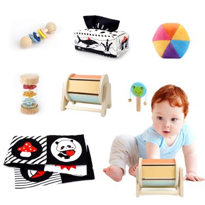 Dulsaera Montessori Toys 7 in 1 Learning Educational Set Newborn Toys, Rainbow Ball, Baby Black and White Books, Tissue Box Toy, Spinning Drum, Rattle Toy