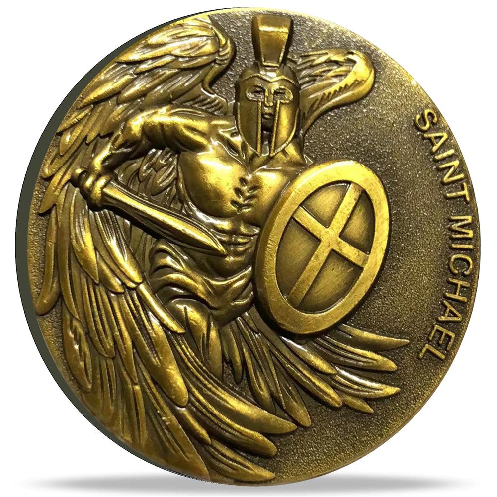 Saint Michael Guardian Challenge Coin Antique Gold Christian Lucky Coin with Psalm 91:10-11 Bible Verses Gift (Single Coin)