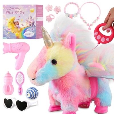 HCdoujoy Colorful Walking Unicorn Toy for Girl Age 4-6, Dancing Singing Plush Unicorn with Leash Pretend Play Pet Care Toy Robot Pet Rainbow Unicorns Birthday Gift for Toddler Kid Age 3 4 5 6 7