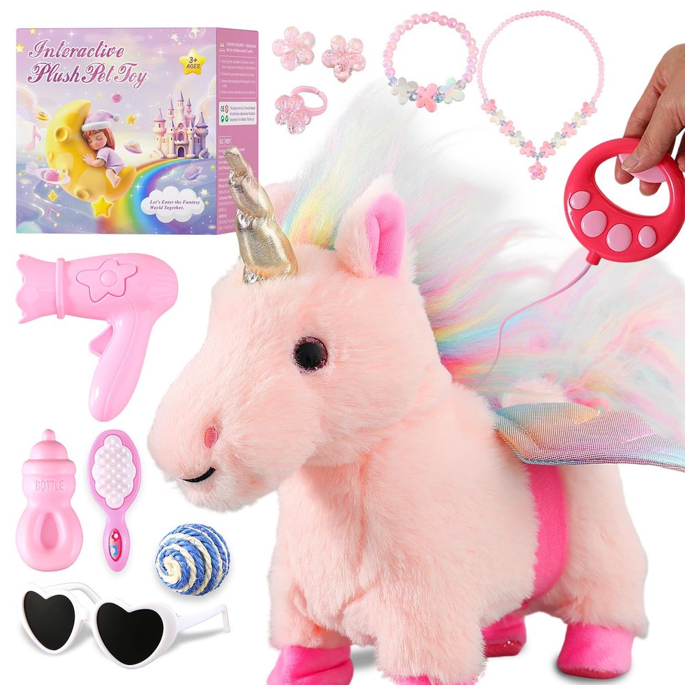 HCdoujoy Pink Unicorn Toys for Girls Toy Set Singing Walking Electronic Plush Unicorns with Control Leash, Pretend Dress Up Animated Stuffed Unicorn Gift for KidsToddler Kids 3 4 5 6 Years