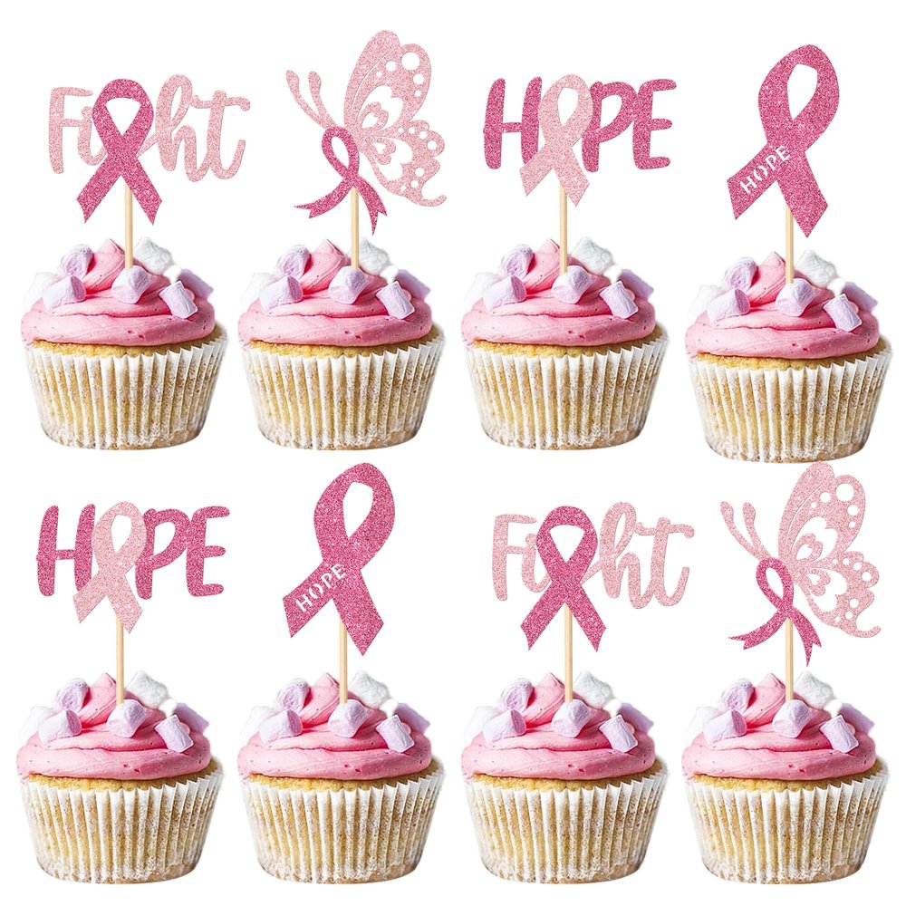 24 Pack Breast Cancer Awareness Cupcake Toppers Glitter Pink Ribbon Fight Beliveve Hope Cupcake Picks for Believe Hope Pink Ribbon Party Cake Decorations Supplies
