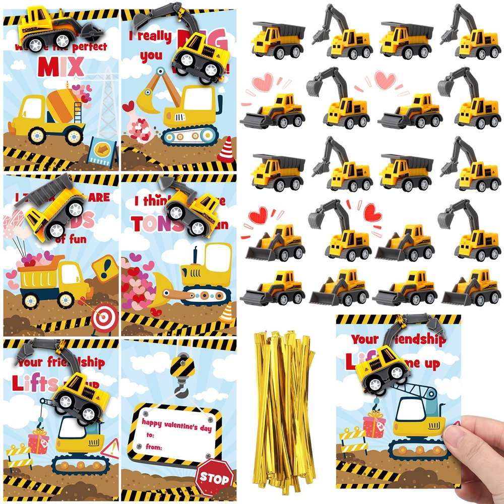 Libima 30 Set Valentine's Day Construction Vehicle Truck with Greeting Cards, 3D Construction Vehicle Toys and Happy Valentines Cards Classroom Exchange Gifts Prizes Party Favor for Kids