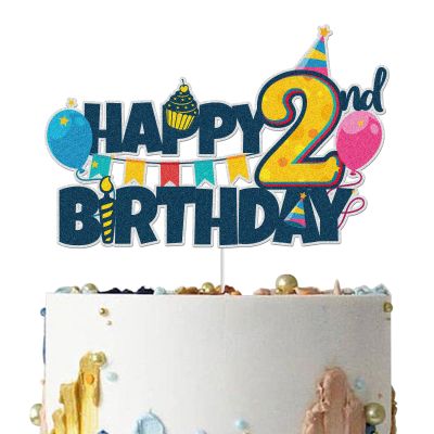 2nd Birthday Colorful Glitter Cake Topper - Happy Second Birthday Party Decorations - Large Indoor/Outdoor Supplies
