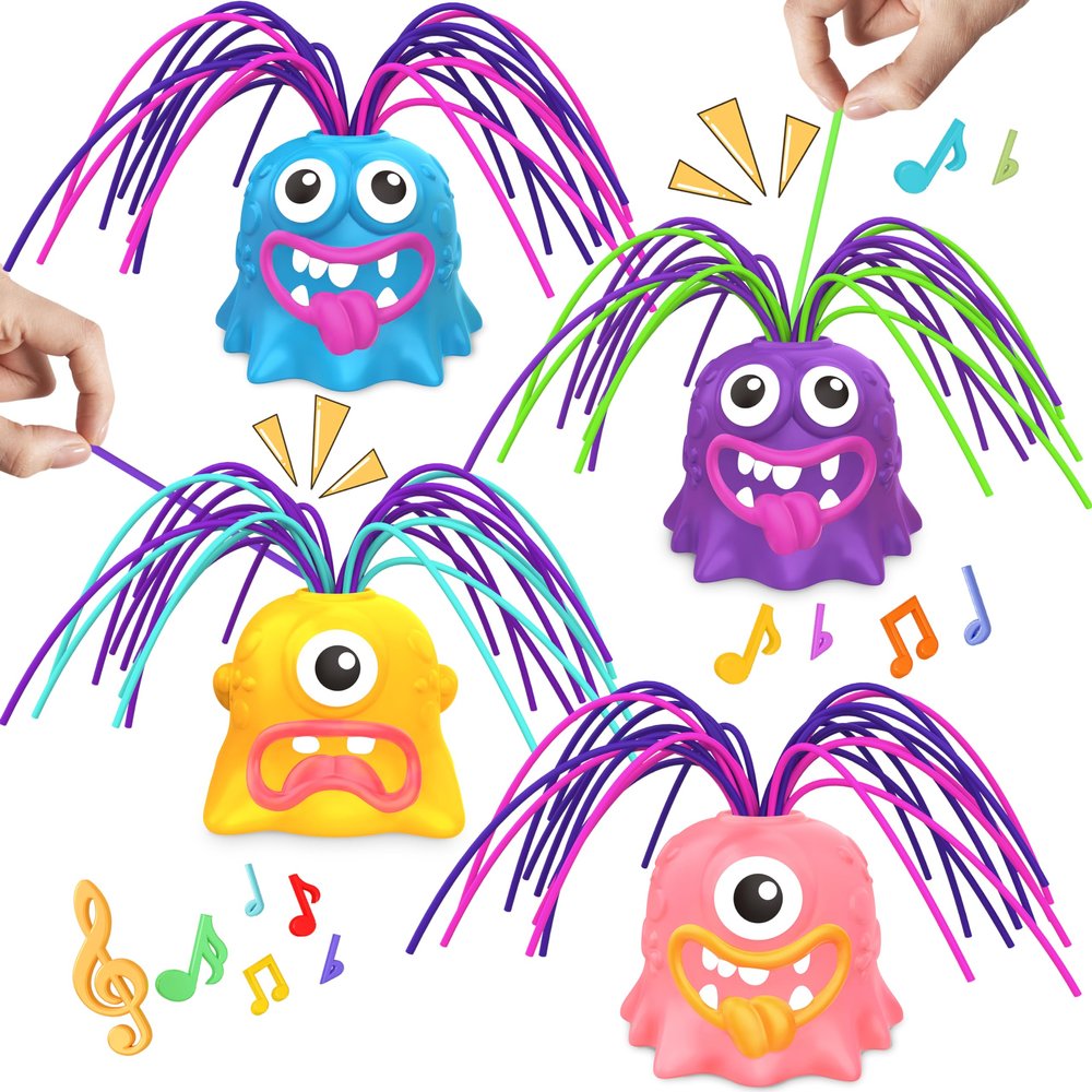 4PCS Fun Hair Pulling Fidget Screaming Monster Toys, Anti Anxiety Toys and Venting Novelty Toys, Different Screams Made by Hair Pulling, Halloween Christmas for 3 4 5 6 7+ Kids Teen Boys Girls Gifts