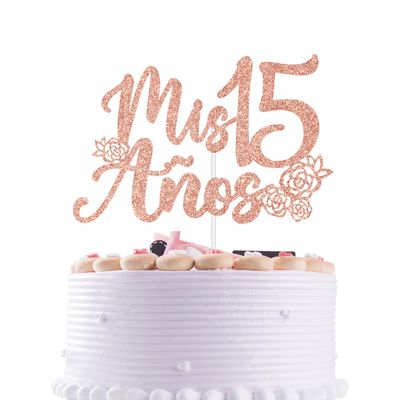 Rose Gold Glitter Mis 15 Aos Cake Topper, Feliz 15 Aos/Happy 15th Birthday, Flower Butterfly Themed 15th Birthday Party Decorations for Teen Girls