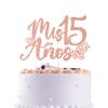 Rose Gold Glitter Mis 15 Aos Cake Topper, Feliz 15 Aos/Happy 15th Birthday, Flower Butterfly Themed 15th Birthday Party Decorations for Teen Girls view 1