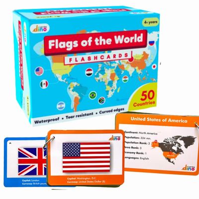 Flags of The World Flashcards | Covers 50 Countries with Country Flag, Map, Economy, Language, Currency & More | Helps Kids Learn Geography in a Fun Way | Premium Quality | by Learning Dino