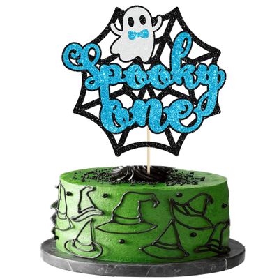 Gyufise 1Pc The Spooky One Cake Topper Blue Glitter The Spooky One Halloween Cake Picks 1st Birthday Cake Decorations for Halloween Kids Birthday Party Supplies