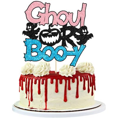 Gyufise 1Pc Boo-Y or Ghoul Cake Topper Pink Blue Glitter Ghost Halloween Cake Pick Gender Reveal Cake Decoration for Halloween Gender Reveal Boys Girls Birthday Party Cake Decorations Supplies