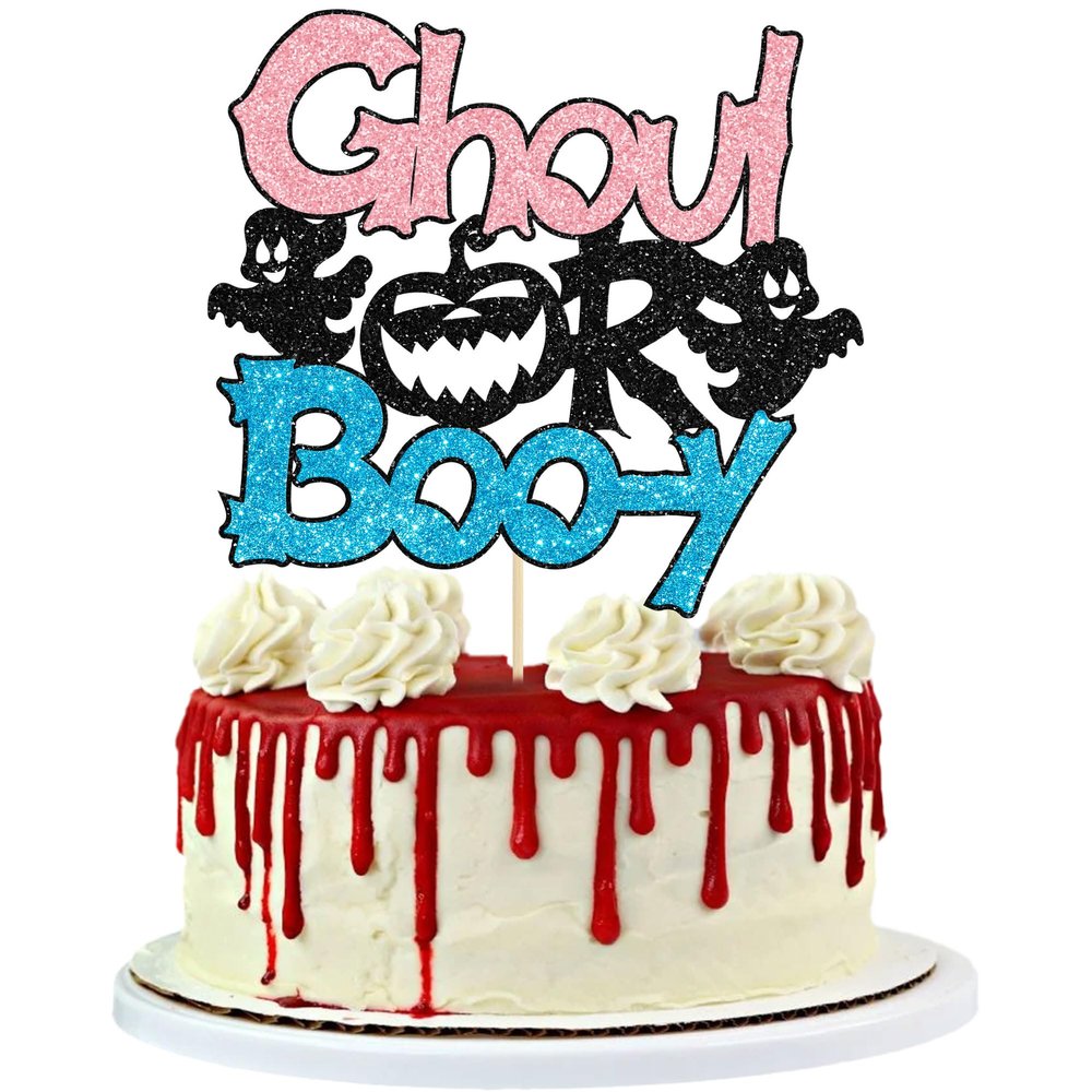 Gyufise 1Pc Boo-Y or Ghoul Cake Topper Pink Blue Glitter Ghost Halloween Cake Pick Gender Reveal Cake Decoration for Halloween Gender Reveal Boys Girls Birthday Party Cake Decorations Supplies