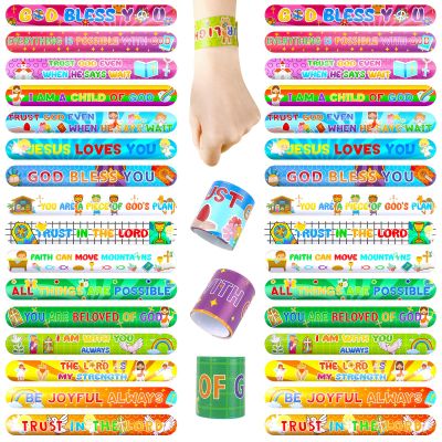 POPLAY 48PCS Christian Slap Bracelets, Snap Wristbands Bible Verses Religious Snap Bracelets for Kids Sunday School Gifts Classroom Prizes