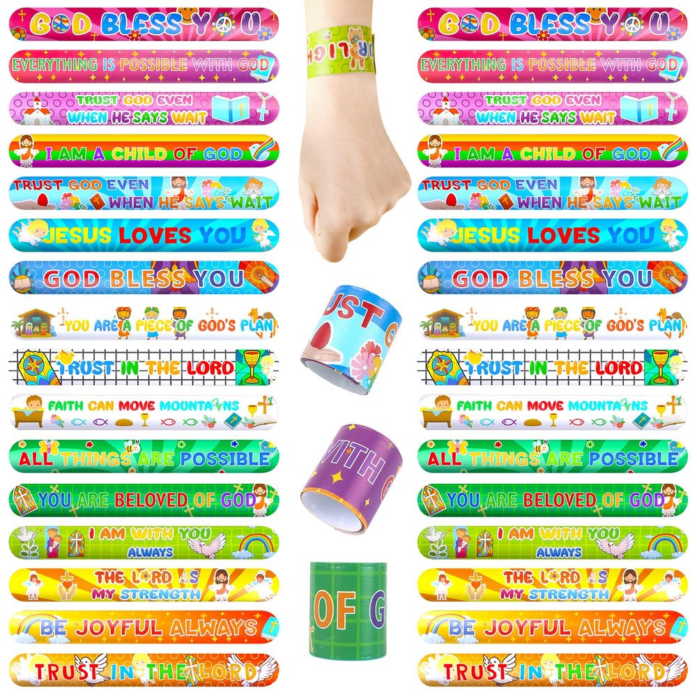 POPLAY 48PCS Christian Slap Bracelets, Snap Wristbands Bible Verses Religious Snap Bracelets for Kids Sunday School Gifts Classroom Prizes