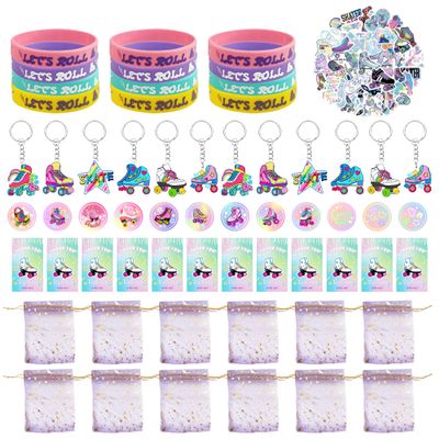 Tazimi 110 PCS Roller Skate Party Favors Skating Party Supplies with Key Chains Button Pins Stickers Rubber Bracelets for Hip Hop Disco 80s 90s Themed Party (style 1)