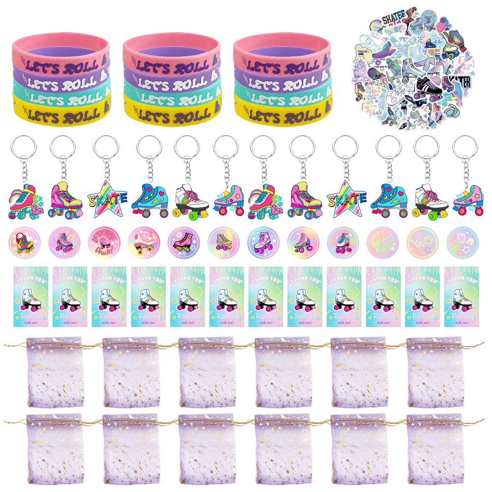 Tazimi 110 PCS Roller Skate Party Favors Skating Party Supplies with Key Chains Button Pins Stickers Rubber Bracelets for Hip Hop Disco 80s 90s Themed Party (style 1)