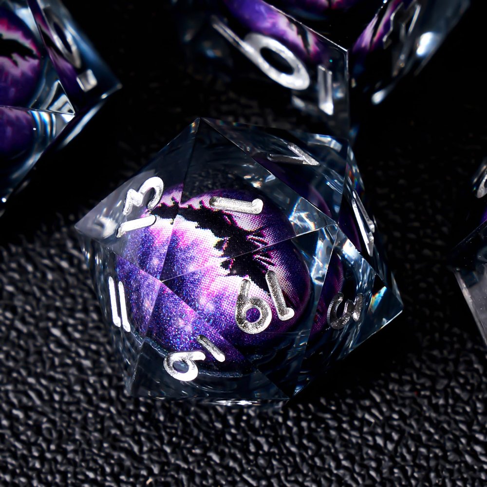 Role dice Beholder's Dragon Eye DND Dice Set, 7pcs Liquid Core Dice with Gift Box, Handmade Sharp Edge Resin Dice for Role Playing Dungeons and Dragons Ttrpg(Dark Purple Dragon Eye)
