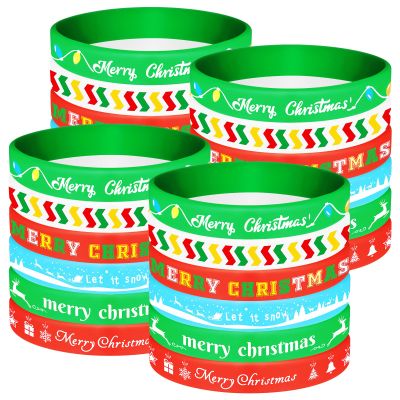 NEBURORA 24 Pack Christmas Wristband 6 Style Silicone Bracelet Wristbands Xmas Rubber Band for Christmas Party Decor 6 Xmas Pattern Wrist Band Party Supplies
