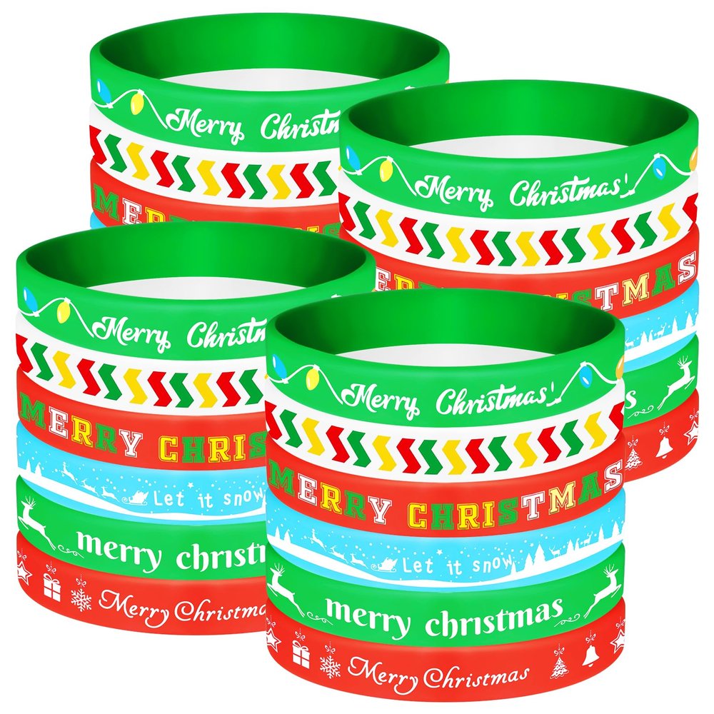 NEBURORA 24 Pack Christmas Wristband 6 Style Silicone Bracelet Wristbands Xmas Rubber Band for Christmas Party Decor 6 Xmas Pattern Wrist Band Party Supplies