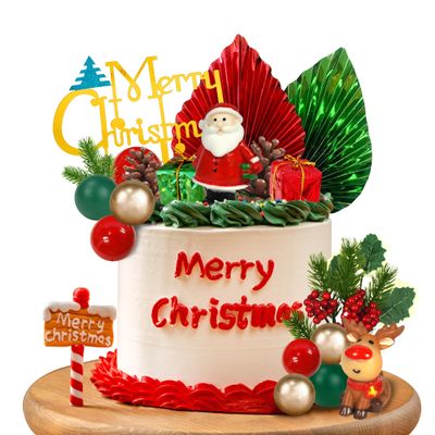 20 PCS Christmas Cake Toppers Merry Cake Decoration with Green Red Palms Tree Mini Santa Reindeer for Christmas Themed Birthday (Style 1)