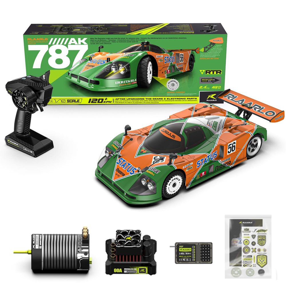 AMORIL RLAARLO 1:10 AK-787 Fast Brushless RC Cars,Top Speed 120KM/H Large Remote Control Cars with 6 Lights for Adults,4x4 On-Road Hobby Racing Vechile with Aluminum Shaft,Rubber Tire,Green