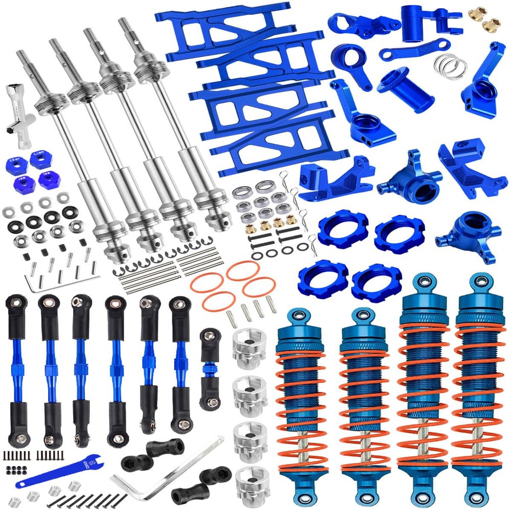 hosupRC Upgrades for 1/10 Rustler/Stampede/Slash 4WD,Drive Shaft CVD&RC Shock&Turnbuckles Camber Links&A Arm&Caster Block,Steering Blocks,Rear Stub Axle Carriers&Steering Bellcranks&Hex Hub,Blue