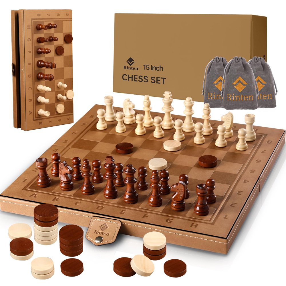 15" Magnetic Chess Set & Checkers Set 2 in 1Rinten Leather Portable Travel Chess Board Game Sets with Velvet Bag Packaging Beginner Large Chess Set for Kids and Adults