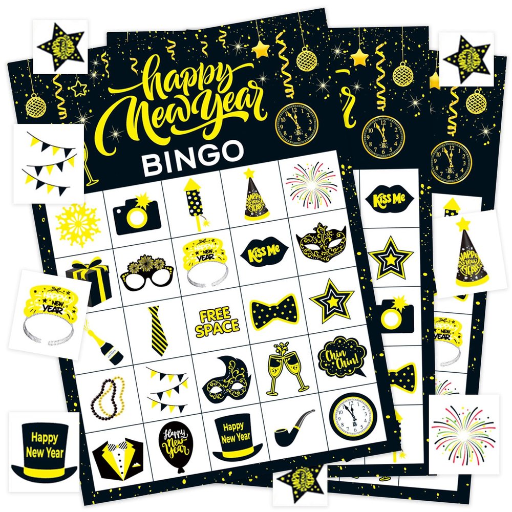 Leezead New Year Bingo, 24 Players Happy New Year Bingo Cards New Years Eve Party Bingo Cards for School Classroom Office Family Activities New Years Party Supplies