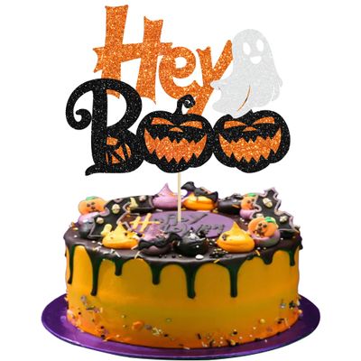 1Pc Halloween Hey Boo Cake Topper Glitter Happy Boo Day Ghost Cake Decorations Ghost Halloween Cake Decorations for Halloween 1st Birthday Party Baby Shower Birthday Party Supplies