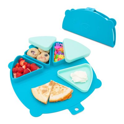 321 Grow Silicone On-The-Go Snack Mat Foldable Reusable Placemat with 3 Compartments and Lids Travel-Friendly Baby and Toddler Snack Plate Dishwasher Safe (Ocean)