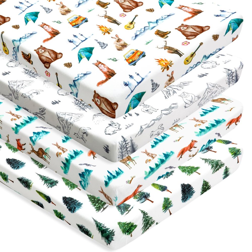 4 Pack N Play Sheets Woodland Forest Animals Wood Neutral Unisex Fitted Baby N Play Sheets Fitted for Standard Pack and Plays and Mini Cribs Set for Baby Boys or Girls