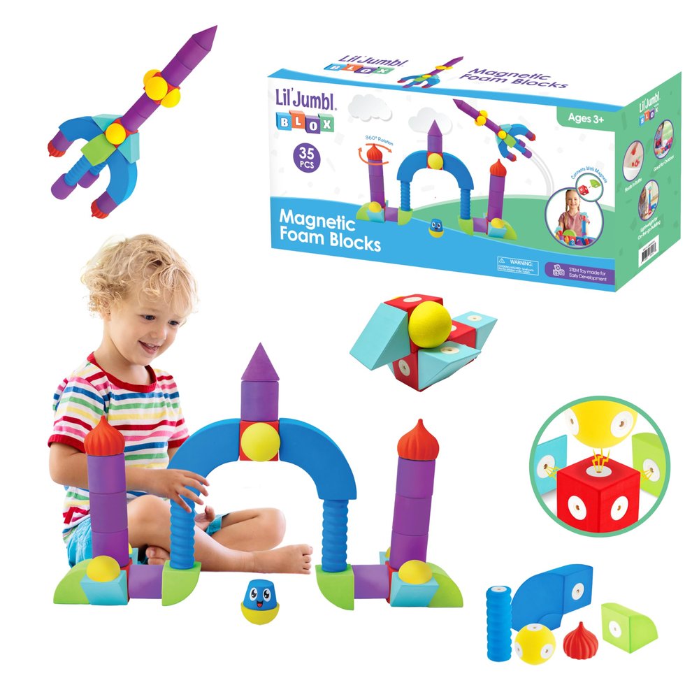 Lil' Jumbl Magnetic Foam STEM Preschool Sensory Toys for Children, Toddlers, Boys and Girls 35 Piece Castle Set, Bath Building Blocks, The Supreme Bath Toy, Engineering Toys for Kids 3-6