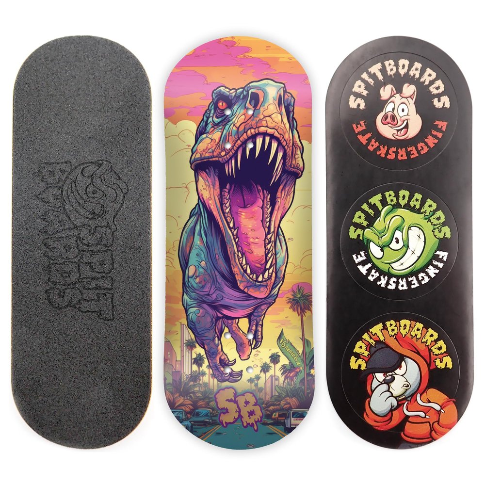 SPITBOARDS 34mm Fingerboard Deck - Real Wood (5-Layers) Classic Popsicle Street Shape - Size: 34 x 96 mm - Single Graphic Deck (Real Wear) - Optimized Concave - t-rex