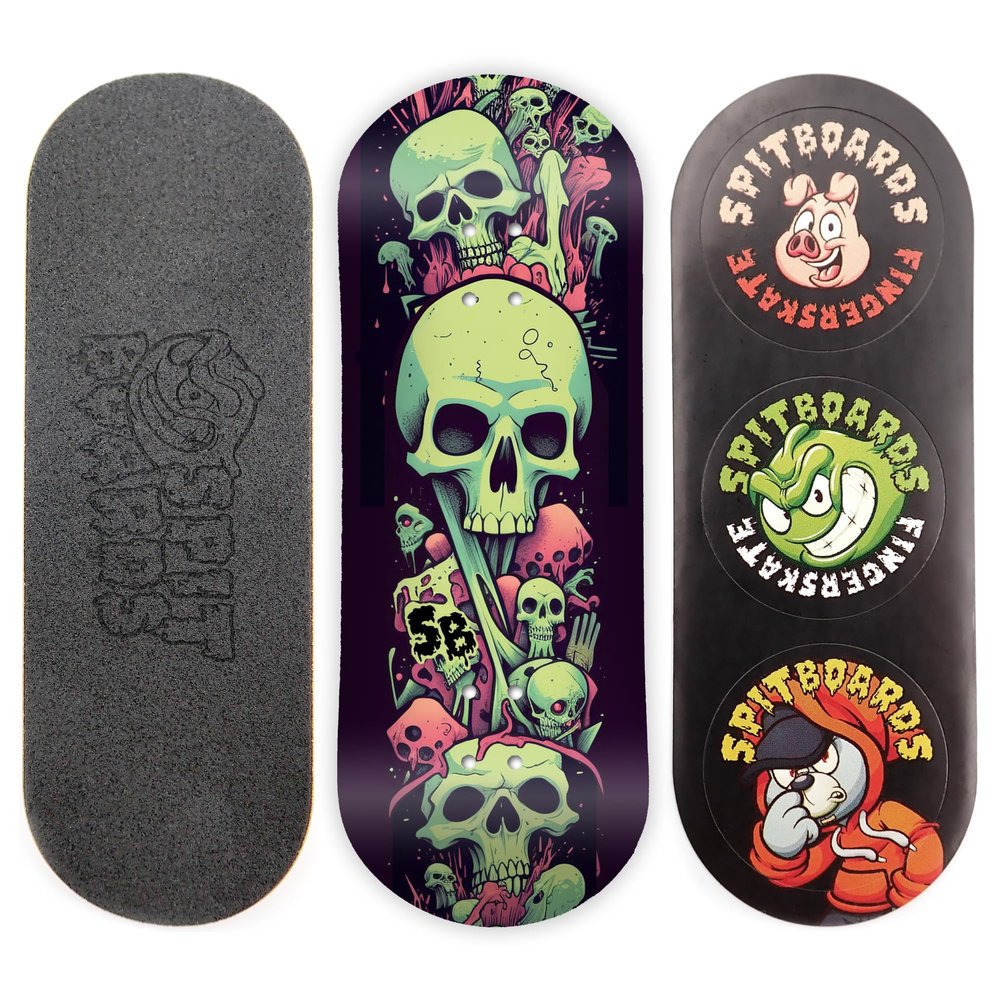 SPITBOARDS 34mm Fingerboard Deck - Real Wood (5-Layers) Classic Popsicle Street Shape - Size: 34 x 96 mm - Single Graphic Deck (Real Wear) - Optimized Concave - slimey Skulls