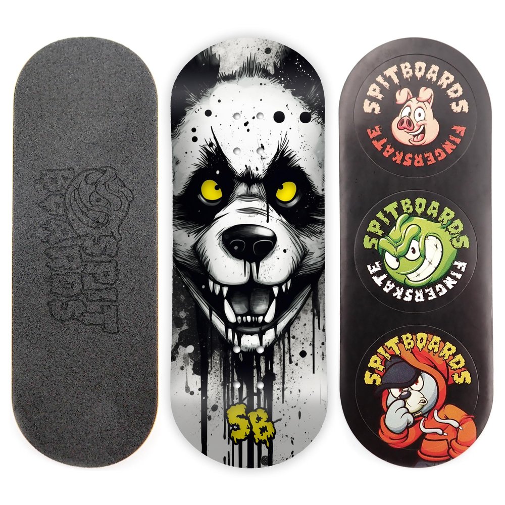 SPITBOARDS 34mm Fingerboard Deck - Real Wood (5-Layers) Classic Popsicle Street Shape - Size: 34 x 96 mm - Single Graphic Deck (Real Wear) - Optimized Concave - Hungry Panda