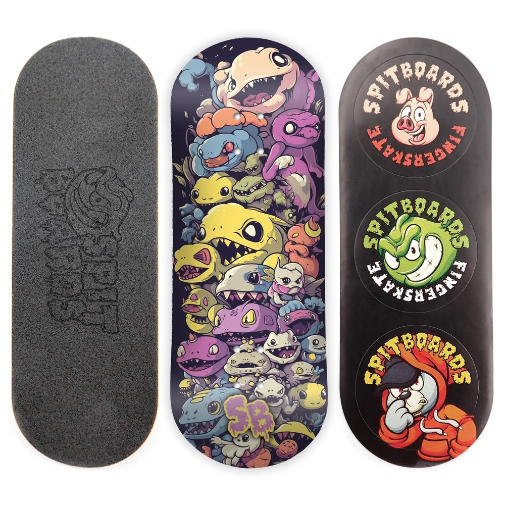 SPITBOARDS 34mm Fingerboard Deck - Real Wood (5-Layers) Classic Popsicle Street Shape - Size: 34 x 96 mm - Single Graphic Deck (Real Wear) - Optimized Concave - Freak Show