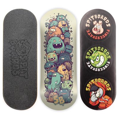 SPITBOARDS 34mm Fingerboard Deck - Real Wood (5-Layers) Classic Popsicle Street Shape - Size: 34 x 96 mm - Single Graphic Deck (Real Wear) - Optimized Concave - Monster Party