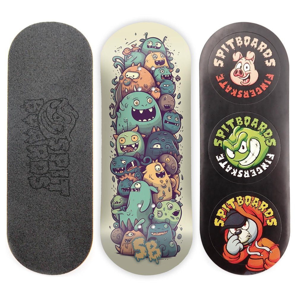SPITBOARDS 34mm Fingerboard Deck - Real Wood (5-Layers) Classic Popsicle Street Shape - Size: 34 x 96 mm - Single Graphic Deck (Real Wear) - Optimized Concave - Monster Party