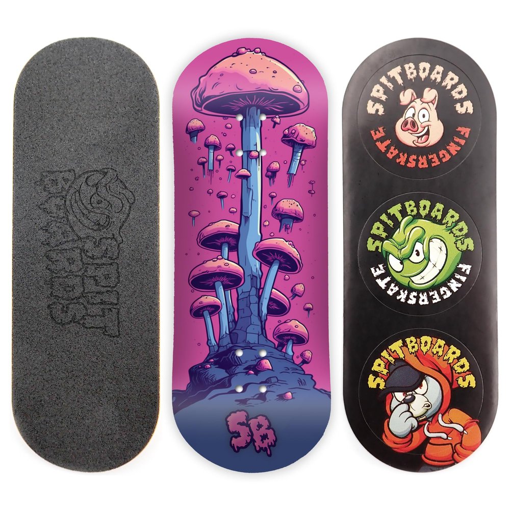 SPITBOARDS 34mm Fingerboard Deck - Real Wood (5-Layers) Classic Popsicle Street Shape - Size: 34 x 96 mm - Single Graphic Deck (Real Wear) - Optimized Concave - Alien Mushrooms