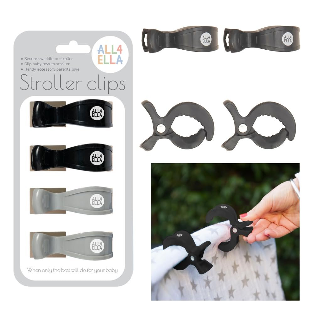All4Ella Baby Blanket Stroller Clips (4 Pack) | Hooks Muslin to Stroller | Australian Baby Product | Infant/Toddler | Black/Grey