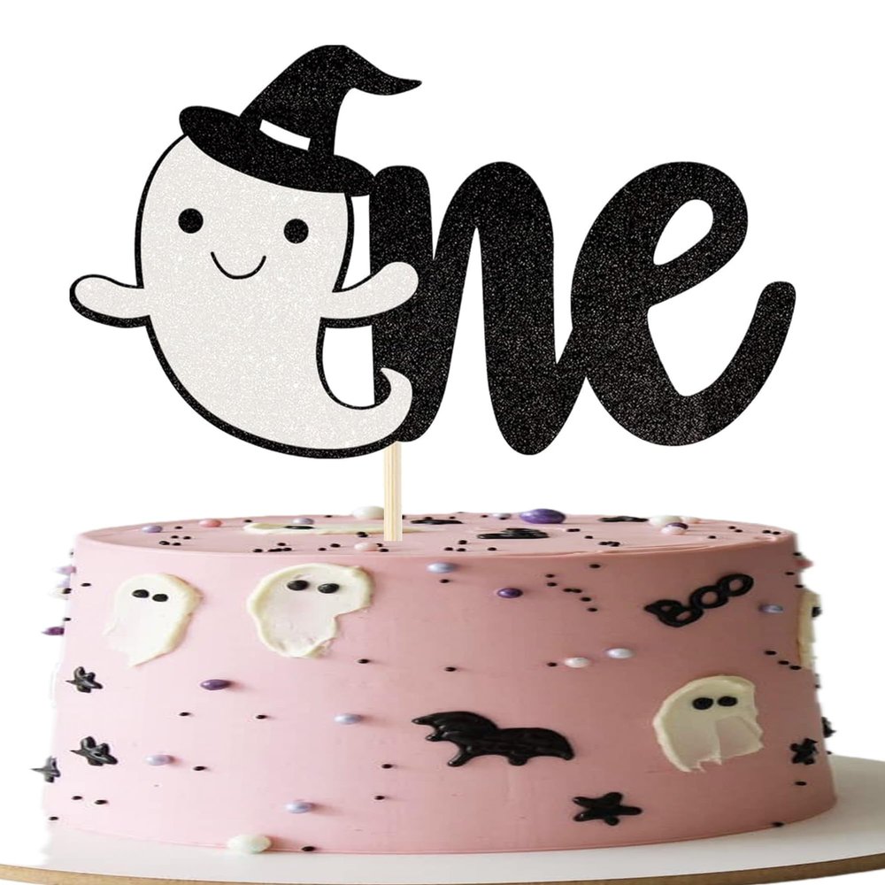 1 Pack 1st Birthday Halloween Cake Topper Glitter One Goast Hat Cupcake Picks First Birthday Goast Cake Decorations for Halloween Kids Party Supplies Black