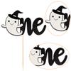 1 Pack 1st Birthday Halloween Cake Topper Glitter One Goast Hat Cupcake Picks First Birthday Goast Cake Decorations for Halloween Kids Party Supplies Black view 2