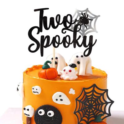 1 Pack Two Spooky Cake Topper Glitter Two Spooky Halloween Birthday Cupcake Picks 2nd Birthday Bat Cake Decorations for Halloween Kids Second Birthday Party Supplies Black