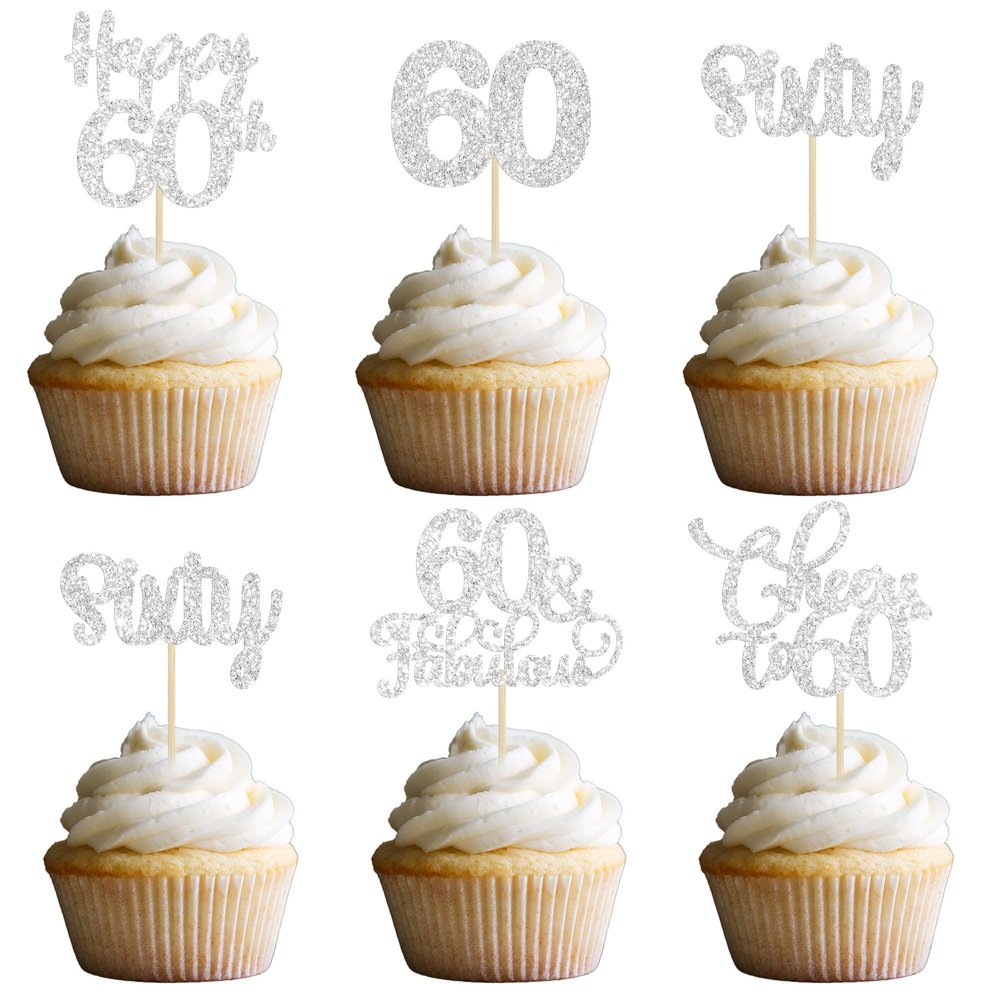 30 Pack Happy Sixty Cheers to 60 Years Old Cupcake Toppers for 60th Birthday Anniversary Party Cake Decorations Supplies Silver