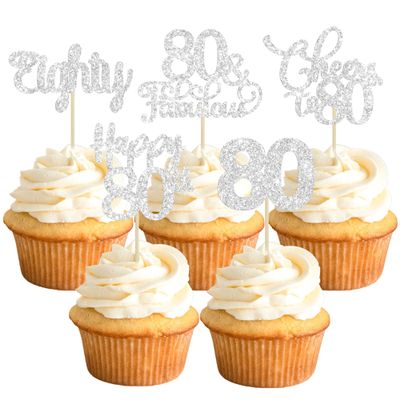 30 Pack Happy 80th Birthday Cupcake Toppers - Silver Glitter Eighty Cheers to 80 Years Old Cupcake Picks for Anniversary Party Cake Decorations